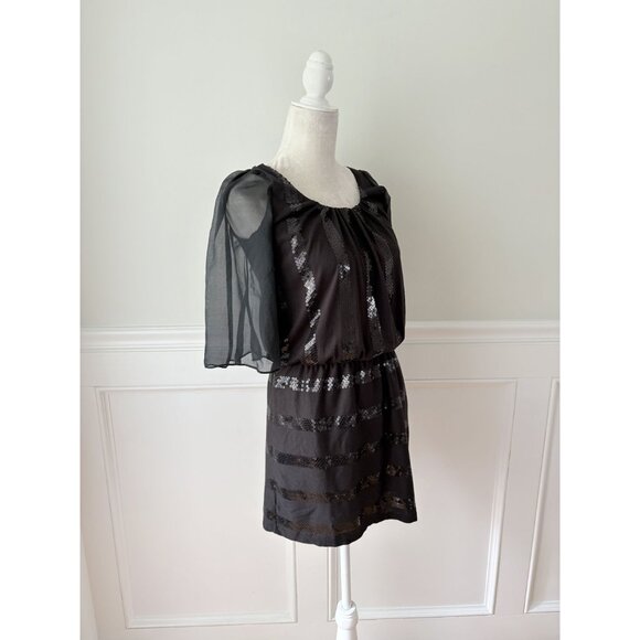 Black Sequin Blouson Dress With Sheer Sleeves By Collective Concepts S - Picture 3 of 5